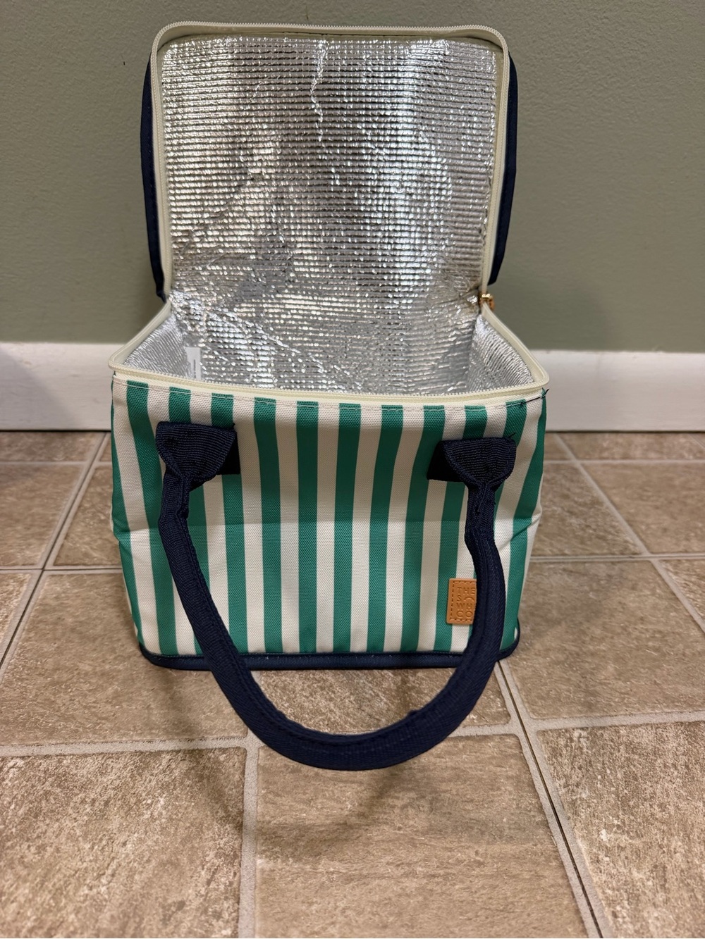 Green & White Striped Insulated Travel Tote with Navy Handles